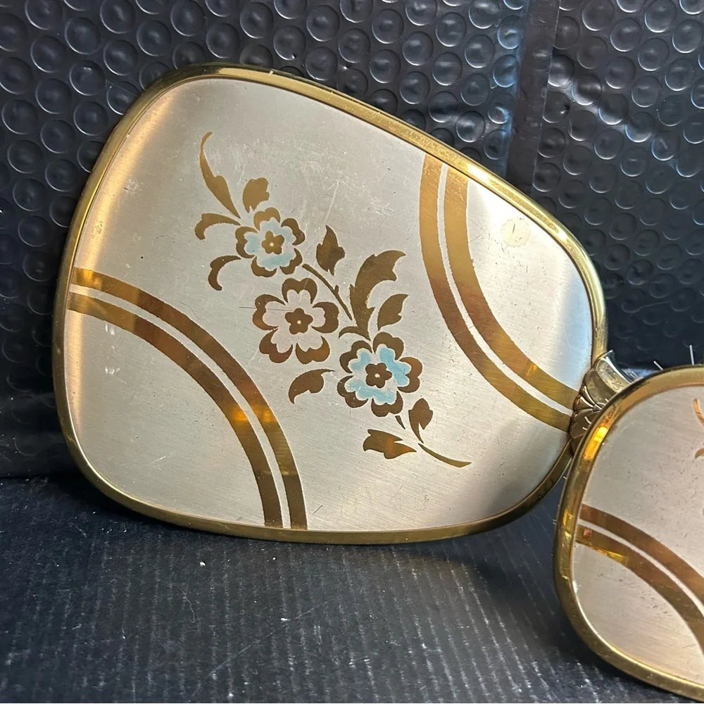 Vintage Vanity 5pc Dressing Table Set Mirror Brush Comb 2 Jars: Gold, Floral